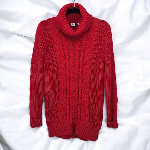 GAP Cable Knit Turtleneck‎ Tunic Sweater Red Size Large Classic Chunky Knit Chic - Picture 1 of 10